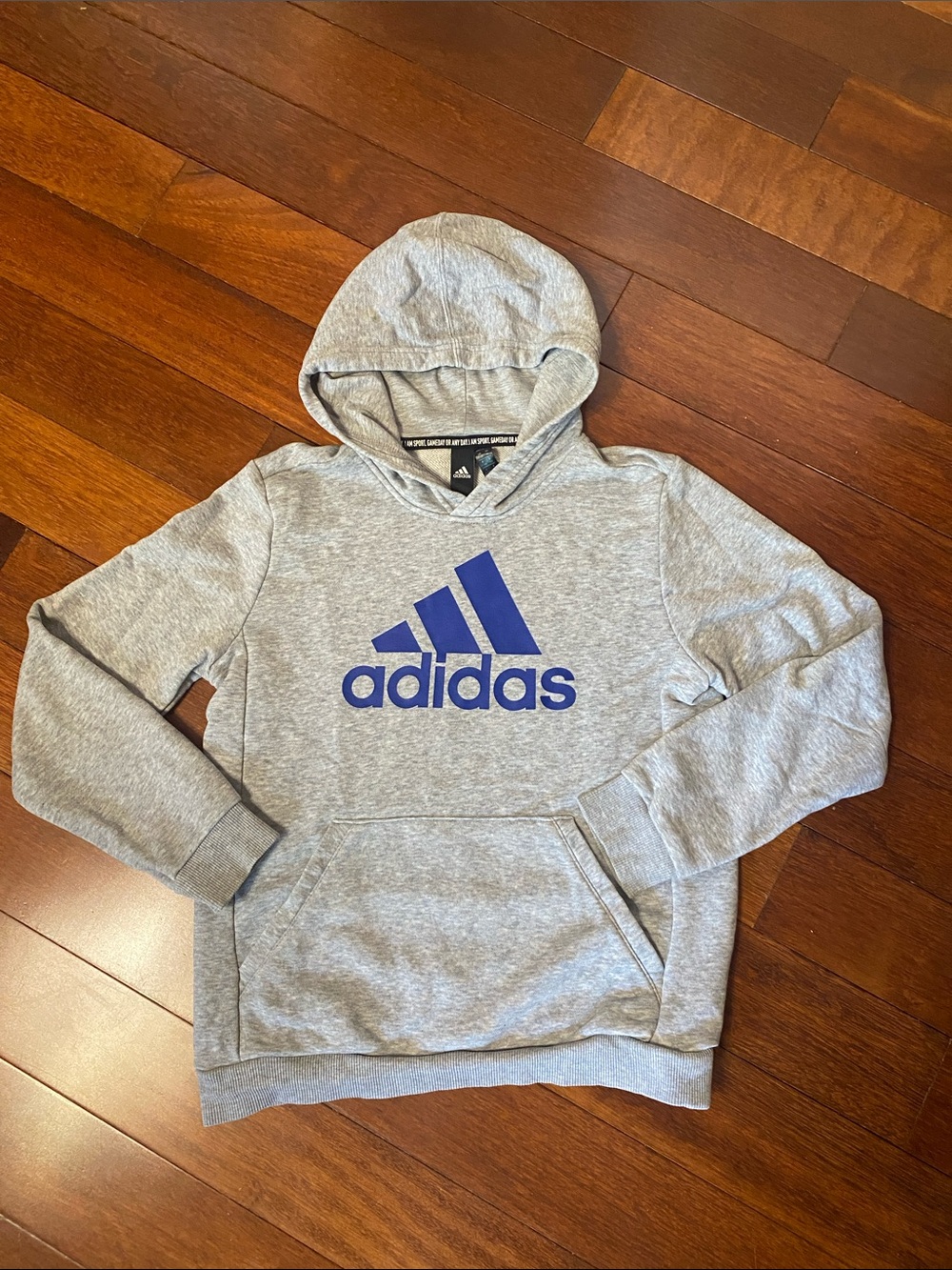 Adidas Grey Hoodie with Blue Logo - Pullover Sweater
